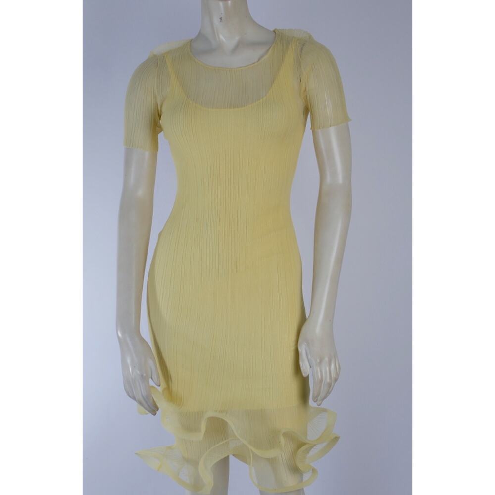 SIMKHAI Mini Dress Buttercream Yellow Ruffle Mesh Hem Short Sleeve Size S